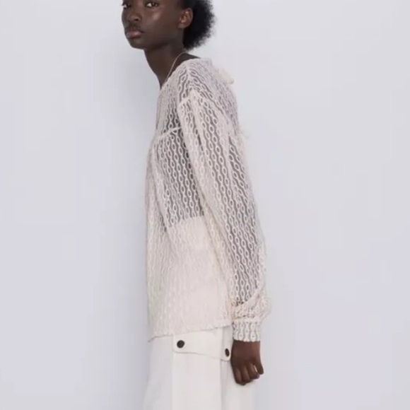 Zara Embroidered Sheer Tulle Lace Cream Top Blouse Oversized Womens Small - Picture 2 of 14